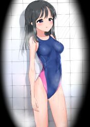 Rule 34 | 1girl, absurdres, black eyes, black hair, blue one-piece swimsuit, breasts, competition swimsuit, covered navel, highleg, highleg swimsuit, highres, long hair, one-piece swimsuit, original, shower (place), small breasts, solo, standing, swimsuit, tile wall, tiles, two-tone swimsuit, water, zagashira