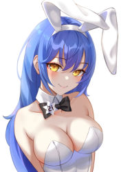 Rule 34 | 1girl, absurdres, animal ears, blue hair, blush, bow, bowtie, breasts, cleavage, closed mouth, eichi (skskdi12z), girls&#039; frontline, hair between eyes, highres, large breasts, leotard, long hair, looking at viewer, playboy bunny, rabbit ears, smile, solo, tar-21 (girls&#039; frontline), tar-21 (night at the bar) (girls&#039; frontline), very long hair, white background, white leotard, yellow eyes