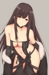 Rule 34 | 1girl, arcie albano, bare shoulders, black dress, breasts, brown hair, center opening, choker, collarbone, dress, earrings, elbow gloves, fate/grand order, fate (series), fur-trimmed jacket, fur trim, gloves, hair between eyes, highres, jacket, jewelry, leaning forward, long hair, looking at viewer, medium breasts, multiple earrings, navel, off shoulder, red eyes, revealing clothes, sidelocks, signature, simple background, solo, stomach, strapless, strapless dress, very long hair, yu mei-ren (fate)
