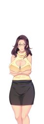 Rule 34 | 1girl, bare arms, bare shoulders, black hair, black skirt, blue eyes, blush, breast hold, breasts, butcha-u, cleavage, cleavage cutout, clothing cutout, crossed arms, covered erect nipples, game cg, glasses, hip focus, huge breasts, kenzen! hentai seikatsu no susume, legs, lipstick, long hair, looking at viewer, maezono chika, makeup, mole, mole under mouth, original, puffy nipples, skirt, sleeveless, sleeveless turtleneck, smile, solo, standing, sweater, thighs, transparent background, turtleneck, turtleneck sweater, zipper