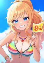 1girl bare_shoulders bikini blonde_hair blue_eyes blush bracelet breasts cleavage collarbone flag front-tie_bikini_top front-tie_top holding holding_flag idolmaster idolmaster_cinderella_girls jewelry long_hair looking_at_viewer medium_breasts navel necklace ohtsuki_yui open_mouth ponytail rainbow_bikini sakura_ran smile solo swimsuit wavy_hair