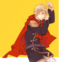 Rule 34 | 1boy, belt, blonde hair, blue eyes, cape, cowboy shot, final fantasy, final fantasy type-0, from side, jack (fft-0), light smile, looking at viewer, male focus, military, military uniform, nakarai (marl25), school uniform, shoulder pads, simple background, smile, solo, uniform, yellow background