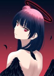 Rule 34 | 1girl, absurdres, back, black feathers, black hair, black wings, blunt bangs, closed mouth, commentary request, falling feathers, feathers, from behind, gradient background, hair bun, halo, highres, looking at viewer, love live!, love live! sunshine!!, nude, red eyes, s sho mkrn, sidelocks, single side bun, solo, tsushima yoshiko, upper body, wings