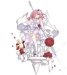 Rule 34 | 1girl, azur lane, bare shoulders, bible (object), dress, finger to mouth, flower, full body, garter straps, gloves, hairband, high heels, highres, holding, holding weapon, looking at viewer, manjuu (azur lane), official alternate costume, official art, one eye closed, pink eyes, pink hair, polearm, priest, rose, saratoga (azur lane), saratoga (ring the bell of joy) (azur lane), saru, spear, stiletto heels, thighhighs, transparent background, weapon, wedding dress, white gloves, white thighhighs, wings