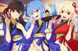 Rule 34 | 3girls, :d, absurdres, apron, black hair, blonde hair, blue eyes, blue hair, blue kimono, bob cut, breasts, cafe, commentary request, crossover, cup, dessert, drink, drinking glass, drinking straw, food, fruit, hair ribbon, highres, holding, holding plate, hololive, hoshimachi suisei, inoue takina, japanese clothes, kimono, konbanwa01, large breasts, lemon, lemon slice, looking at viewer, lycoris recoil, lycoris uniform, multiple girls, nishikigi chisato, obi, open mouth, plate, purple eyes, red eyes, ribbon, sash, short hair, side ponytail, small breasts, smile, twintails, v, virtual youtuber, waitress