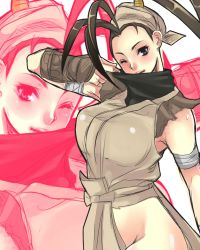 Rule 34 | 1girl, antenna hair, armor, bandages, black hair, blue eyes, breasts, high ponytail, highres, hip vent, ibuki (street fighter), japanese armor, kote, large breasts, long hair, mask, mask pull, miura hajime, mouth mask, ninja, no panties, one eye closed, solo, street fighter, wink, zoom layer