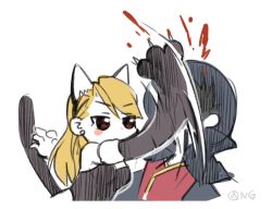Rule 34 | 1boy, 1girl, animal ears, animal hands, black hair, blonde hair, blood, blush stickers, brown eyes, cape, cat ears, chibi, elbow gloves, fake animal ears, fullmetal alchemist, gloves, hat, in the face, kemonomimi mode, kittysuit, ng (kimjae737), nontraditional playboy bunny, paw gloves, riza hawkeye, roy mustang, scratching, simple background, top hat