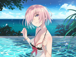 Rule 34 | 1girl, :3, alternate costume, bikini, blue sky, blurry, bracelet, breasts, bright pupils, chromatic aberration, cleavage, collarbone, day, depth of field, fate/grand order, fate (series), frilled bikini, frills, front-tie bikini top, front-tie top, hair over one eye, halterneck, head tilt, horizon, jewelry, kusano shinta, looking at viewer, mash kyrielight, medium breasts, ocean, partially submerged, pink hair, pool, purple eyes, short hair, sky, solo, swimsuit, white pupils