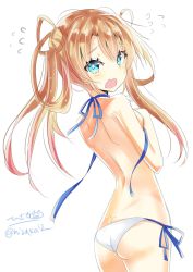 Rule 34 | 1girl, abukuma (kancolle), ass, bikini, blonde hair, blue eyes, blush, breasts, butt crack, hair between eyes, hair rings, highres, hizaka, kantai collection, one-hour drawing challenge, open mouth, side-tie bikini bottom, simple background, small breasts, solo, swimsuit, twintails, twitter username, untied bikini, white background, white bikini
