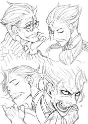 Rule 34 | 1boy, angry, ascot, closed eyes, facial hair, fate/grand order, fate (series), fringe trim, glasses, graphite (medium), greyscale, honjou raita, james moriarty (archer) (fate), male focus, monochrome, multiple views, mustache, shouting, simple background, sketch, sleeping, traditional media, white background