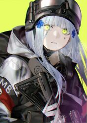Rule 34 | 1girl, assault rifle, blue hair, commentary, corrupted twitter file, english commentary, facial mark, girls&#039; frontline, glowing, glowing eyes, green background, green eyes, gun, hair ornament, helmet, highres, hk416 (fang) (girls&#039; frontline), hk416 (girls&#039; frontline), hood, hood down, hooded jacket, jacket, long hair, looking at viewer, mask, mask around neck, mik blamike, official alternate costume, parted lips, respirator, rifle, simple background, solo, tactical clothes, tom clancy&#039;s the division, upper body, weapon, white jacket