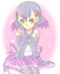 Rule 34 | 1girl, arm support, bare shoulders, creatures (company), earrings, elbow gloves, female focus, game freak, gen 4 pokemon, gloves, gradient background, jewelry, lowres, miniskirt, nintendo, orange eyes, personification, pokemon, purple hair, purugly, skirt, smile, solo, tail, thighhighs, zettai ryouiki