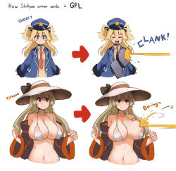 Rule 34 | 2girls, :d, absurdres, arrow (symbol), ballistic shield, bikini, black bow, blonde hair, blue eyes, blue hat, blue jacket, blush, bow, breasts, character name, cleavage, collared shirt, commentary, english commentary, firing, flat chest, girls&#039; frontline, hair between eyes, hat, hat bow, highres, huge breasts, jacket, kion-kun, long hair, long sleeves, looking at viewer, m37 (girls&#039; frontline), m37 (summer parader) (girls&#039; frontline), multiple girls, navel, necktie, official alternate costume, open clothes, open jacket, open mouth, orange eyes, pun, red neckwear, shield, shield module, shirt, simple background, smile, sound effects, sun hat, super-shorty (girls&#039; frontline), swimsuit, two side up, v-shaped eyebrows, vest, white background, white bikini, white hat, white shirt, wide sleeves, wing collar