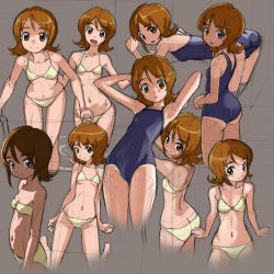 Rule 34 | 10s, 1girl, bikini, blush, bra, breasts, brown eyes, brown hair, butt crack, competition school swimsuit, flat chest, grey background, happinesscharge precure!, kneeling, looking at viewer, looking back, one-piece swimsuit, oomori yuuko, panties, partially submerged, precure, rohitsuka, school swimsuit, short hair, simple background, sitting, sketch, small breasts, smile, socks, solo, swimsuit, underwear, wariza