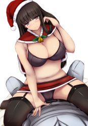 Rule 34 | 10s, 1boy, 1girl, adjusting hair, bell, black bra, black panties, black thighhighs, blunt bangs, bra, breasts, capelet, closed eyes, commentary, garter straps, girls und panzer, hat, highres, hime cut, husband and wife, jingle bell, large breasts, long hair, looking at viewer, mature female, microskirt, nishizumi shiho, nishizumi tsuneo, panties, pov, red hat, red skirt, santa costume, santa hat, simple background, sitting, skirt, smile, straddling, thighhighs, underwear, white background, yuzumiya mono