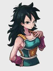 Rule 34 | 1girl, arm warmers, armor, black eyes, black hair, breasts, collarbone, dragon ball, dragon ball minus, dragon ball super, dragon ball super broly, gine, grey background, hand on own hip, hand up, kemachiku, long hair, looking at viewer, matching hair/eyes, mature female, medium breasts, parted lips, saiyan, saiyan armor, simple background, solo, standing