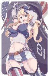 Rule 34 | 10s, 1girl, absurdres, american flag, arms up, blonde hair, blue eyes, breasts, elbow gloves, fingerless gloves, garter straps, gloves, gluteal fold, hand on headwear, hat, highres, historical name connection, iowa (kancolle), kantai collection, large breasts, long hair, looking at viewer, looking down, md5 mismatch, miniskirt, name connection, navel, object namesake, open mouth, phibonnachee, resolution mismatch, ship, skirt, solo, source larger, star-shaped pupils, star (symbol), striped clothes, striped thighhighs, symbol-shaped pupils, thighhighs, watercraft