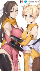 Rule 34 | 2girls, asymmetrical docking, blonde hair, blue eyes, braid, breast press, breasts, brown hair, cleavage, commentary, cowboy shot, crown braid, damobelmont, detached sleeves, english commentary, fire emblem, fire emblem awakening, fire emblem fates, grin, highres, japanese clothes, kagero (fire emblem), kimono, large breasts, lissa (fire emblem), long hair, looking at viewer, medium breasts, multiple girls, nintendo, obi, parted lips, pelvic curtain, pink kimono, purple eyes, sash, scarf, shorts, simple background, sleeveless, sleeveless kimono, smile, standing, thighs, twintails, twitter logo, very long hair, white background, white sash, white shorts, yellow kimono, yellow scarf