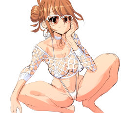 1girl absurdres anchet7 bikini braid breasts brown_hair choker fishnet_top fishnets glasses hair_over_one_eye halterneck head_rest highleg highleg_bikini highres large_breasts mesh orange-tinted_eyewear original side_braid solo sunglasses swimsuit tinted_eyewear white-framed_eyewear white_bikini