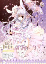 Rule 34 | 1girl, :o, absurdres, animal ears, argyle, argyle clothes, argyle legwear, bell, blush, border, breasts, cleavage, detached collar, dress, female focus, frilled dress, frills, full body, garter belt, garter straps, gradient background, high heels, highres, inugami kira, jingle bell, large breasts, layered dress, long hair, looking at viewer, open mouth, parasol, pom pom (clothes), rabbit ears, rabbit tail, solo, striped, tail, thigh gap, thighhighs, umbrella, vertical stripes, white hair, white thighhighs, yellow eyes
