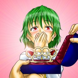 Rule 34 | 1girl, blush, brass knuckles, covered mouth, covering own mouth, female focus, green hair, jewelry, kazami yuuka, lens flare, marriage proposal, pov, red eyes, ring, shiba meiji, solo, tears, touhou, weapon