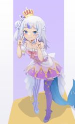 Rule 34 | 1girl, absurdres, alternate costume, asymmetrical legwear, bare shoulders, blue eyes, blunt bangs, blush, bracelet, breasts, closed mouth, collarbone, cosplay, crescent, crescent print, crown, detached collar, double v, dress, fins, fish tail, full body, gawr gura, highres, himemori luna, himemori luna (1st costume), himemori luna (cosplay), hololive, hololive english, jewelry, klaius, leaning forward, long hair, looking at viewer, mini crown, multicolored background, multicolored hair, off-shoulder dress, off shoulder, one side up, pink dress, puffy short sleeves, puffy sleeves, purple background, shark tail, short sleeves, sidelocks, silver hair, simple background, small breasts, smile, solo, standing, star (symbol), star print, streaked hair, striped, tail, thighhighs, uneven legwear, v, vertical stripes, virtual youtuber, white background, yellow background