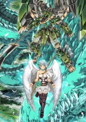 Rule 34 | 1girl, angel, bad id, bad pixiv id, blue eyes, boots, bow (weapon), bracer, breasts, brown footwear, cleavage, collarbone, crossed legs, dragon, dress, garimpeiro, glowing, glowing eyes, green flower, highres, holding, holding lance, holding polearm, holding weapon, horns, lance, looking ahead, looking at viewer, mecha, medium breasts, open hand, open hands, original, polearm, quiver, robot, science fiction, sharp teeth, single horn, smile, standing, strapless, strapless dress, teeth, thigh boots, thighhighs, weapon, white dress