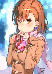 Rule 34 | 1girl, blush, bow, box, brown coat, brown eyes, brown hair, closed mouth, coat, commentary request, flower, fringe trim, gift, gift box, hair between eyes, hair flower, hair ornament, hands up, heart, heart-shaped box, heart-shaped pupils, long sleeves, looking at viewer, misaka mikoto, pink scarf, raika9, red bow, red ribbon, ribbon, scarf, sleeves past wrists, solo, steepled fingers, symbol-shaped pupils, toaru kagaku no railgun, toaru majutsu no index, twitter username, upper body, white flower