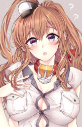 Rule 34 | 10s, 1girl, ?, anchor, bad id, bad pixiv id, blue eyes, breast pocket, breasts, brown hair, facing viewer, highres, irokiiro, kantai collection, large breasts, long hair, neckerchief, open clothes, open shirt, pocket, ponytail, red neckerchief, saratoga (kancolle), shirt, side ponytail, solo, upper body
