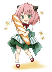 Rule 34 | 1girl, :d, absurdres, ahoge, anya (spy x family), baguette, blouse, bow, bowtie, bread, cone hair bun, flower, food, green eyes, green skirt, hair bun, highres, holding, holding food, korie riko, looking at viewer, mary janes, open mouth, pink hair, puffy short sleeves, puffy sleeves, red bow, red bowtie, red footwear, shirt, shoes, short hair, short sleeves, skirt, smile, socks, solo, spy x family, white shirt, white socks