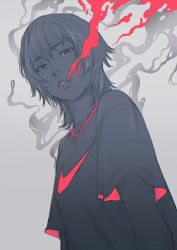 Rule 34 | 1girl, bead necklace, beads, cross, cross necklace, gradient background, greyscale, half-closed eyes, highres, jewelry, looking at viewer, monochrome, necklace, nike (company), original, parted lips, shirt, short hair, smoke, solo, spot color, t-shirt, upper body, wataboku