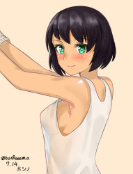 Rule 34 | 10s, 1girl, bare shoulders, beige background, black hair, blush, breasts, character name, closed mouth, covered erect nipples, dark-skinned female, dark skin, dated, from side, girls und panzer, gloves, green eyes, hako reeema, hoshino (girls und panzer), light blush, looking at viewer, looking back, mechanic, medium breasts, no bra, see-through, shirt, short hair, sideboob, simple background, smile, solo, standing, tank top, twitter username, uniform, upper body, white gloves, white shirt