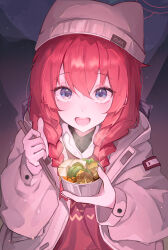 Rule 34 | 1girl, absurdres, animal ear headwear, animal ears, blue archive, braid, brown jacket, chopsticks, e name, fake animal ears, food, halo, highres, holding, holding chopsticks, holding food, hood, hood down, hooded jacket, jacket, long sleeves, looking at viewer, low twin braids, maki (blue archive), maki (camp) (blue archive), official alternate costume, official alternate hairstyle, open mouth, puffy long sleeves, puffy sleeves, purple eyes, red hair, red halo, red sweater, smile, solo, sparkling eyes, sweater, teeth, twin braids, upper teeth only