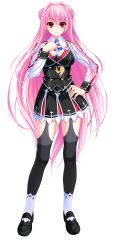 Rule 34 | 1girl, amasaka takashi, full body, game cg, hand on own hip, hand on own chest, highres, long hair, looking at viewer, pink hair, pleated skirt, red eyes, school uniform, shoes, skirt, smile, solo, thighhighs, transparent background, uniform, unionism quartet, very long hair, zettai ryouiki