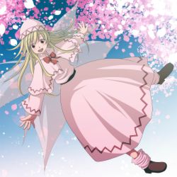 Rule 34 | 1girl, bad id, bad pixiv id, blonde hair, blush, bow, capelet, cherry blossoms, dress, female focus, flying, full body, gradient background, hat, highres, lily white, long hair, nature, open mouth, outstretched arms, pink dress, plant, red eyes, smile, solo, touhou, tsukishiro saika, wings
