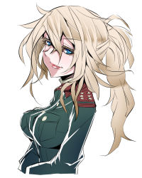 Rule 34 | 1girl, blonde hair, blue eyes, breasts, highres, jin (mugenjin), long hair, looking at viewer, medium breasts, military, military uniform, aged up, ponytail, simple background, smile, solo, tanya degurechaff, uniform, upper body, white background, youjo senki