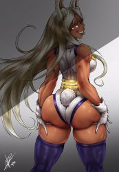 Rule 34 | 1girl, animal ears, ass, bare shoulders, belt, black background, boku no hero academia, cowboy shot, daffduff, dark-skinned female, dark skin, dated, female focus, from behind, gloves, glowing, glowing eyes, gradient background, highres, leotard, long hair, looking at viewer, looking back, mirko, parted bangs, purple thighhighs, rabbit ears, rabbit tail, red eyes, signature, silver hair, smile, solo, standing, tail, teeth, thighhighs, tongue, tongue out, two-tone background, upper teeth only, white background, white gloves