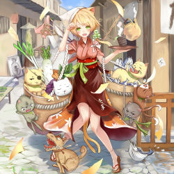 Rule 34 | 1girl, :d, animal, animal ears, ayakashi hyakkiyakou, bakatesu59, bell, blonde hair, carrot, cat, cat ears, cup, dog, drinking glass, eyepatch, fish, food, geta, green eyes, head scarf, japanese clothes, jingle bell, lampion, looking at viewer, open mouth, original, outdoors, saliva, sharp teeth, short hair, sign, skirt, smile, socks, spring onion, steam, stone floor, tabi, teapot, teeth, too many, too many cats, tray, vegetable, water, whiskers, white legwear