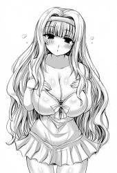 Rule 34 | 1girl, bad id, bad pixiv id, blush, grabbing another&#039;s breast, breast suppress, breasts, cleavage, grabbing, greyscale, hairband, huge breasts, idolmaster, idolmaster (classic), large breasts, long hair, looking at viewer, monochrome, naoyama masaru, open mouth, parted lips, shijou takane, simple background, solo, white background