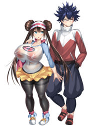 Rule 34 | 1boy, 1girl, bag, black pantyhose, blue eyes, blue hair, blush, breasts, brown hair, cameltoe, cleft of venus, covered erect nipples, creatures (company), curvy, double bun, full body, game freak, hair bun, handbag, height difference, huge breasts, hugh (pokemon), kawahagitei, long hair, looking at another, looking away, nintendo, open mouth, pantyhose, pantyhose under shorts, pokemon, pokemon bw2, raglan sleeves, red eyes, rosa (pokemon), see-through, shoes, short shorts, shorts, simple background, sneakers, spiked hair, standing, thick thighs, thighs, twintails, very long hair, visor cap, white background, wide hips, yellow shorts
