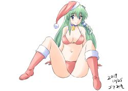 Rule 34 | 1girl, bare arms, bare shoulders, bell, bikini, blue choker, blue eyes, boots, breasts, choker, collarbone, commentary request, dated, frog hair ornament, full body, fur-trimmed boots, fur-trimmed headwear, fur trim, gloves, gomamiso (gomamiso sp), green hair, hair between eyes, hair ornament, hair tubes, hat, knee boots, kochiya sanae, large breasts, long hair, looking at viewer, navel, neck bell, pom pom (clothes), red bikini, red footwear, red gloves, red hat, santa boots, santa hat, simple background, sitting, snake hair ornament, solo, spread legs, swimsuit, touhou, very long hair, white background