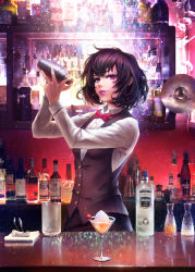 Rule 34 | 1girl, alcohol, bartender, black hair, bow, bowtie, chain sumeragi, cherry, cocktail glass, cocktail shaker, counter, cup, drinking glass, food, fruit, highres, indoors, kekkai sensen, long sleeves, looking at viewer, mole, mole under eye, pink eyes, red bow, shaking, shirt, solafuxiao, solo, vest, white shirt