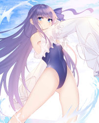 Rule 34 | 1girl, arm up, armpits, bad id, bad pixiv id, bare shoulders, blue eyes, blue one-piece swimsuit, blush, casual one-piece swimsuit, cloud, day, fate/grand order, fate (series), frilled swimsuit, frills, gluteal fold, highleg, highleg swimsuit, highres, long hair, long sleeves, looking at viewer, meltryllis, meltryllis (fate), meltryllis (swimsuit lancer) (fate), meltryllis (swimsuit lancer) (second ascension) (fate), one-piece swimsuit, outstretched arm, purple hair, sleeves past fingers, sleeves past wrists, smile, solo, swimsuit, thighs, very long hair, yanggang