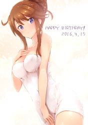 Rule 34 | 10s, 1girl, bad id, bad pixiv id, bare shoulders, blue eyes, breasts, brown hair, covered erect nipples, cowboy shot, dated, hair bun, hand on own chest, hand on own leg, happy birthday, idolmaster, idolmaster million live!, ima (lm ew), impossible towel, long hair, looking at viewer, naked towel, revision, single hair bun, solo, tokoro megumi, towel