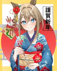 Rule 34 | 1girl, animal ears, arrow (projectile), blue eyes, blue kimono, brown hair, cheval grand (umamusume), ear flower, ema, floral print, furisode, hair between eyes, hamaya, highres, holding, holding arrow, horse ears, horse girl, japanese clothes, kimono, looking at viewer, multicolored hair, new year, official alternate costume, smile, solo, streaked hair, toshi04193211, umamusume, upper body, white hair