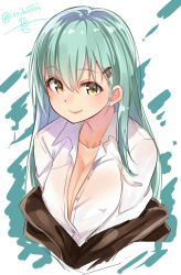 Rule 34 | 10s, 1girl, :q, aqua hair, artist name, blush, breasts, brown eyes, brown jacket, cleavage, collarbone, collared shirt, covered erect nipples, eyebrows, female focus, hair ornament, hairclip, isshiki (ffmania7), jacket, kantai collection, large breasts, long hair, looking at viewer, off shoulder, open clothes, open jacket, shirt, solo, suzuya (kancolle), tongue, tongue out, upper body, white shirt