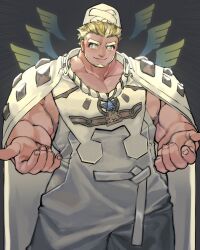 Rule 34 | 1boy, absurdres, ahura mazda (housamo), bara, beard, beckoning, blonde hair, cape, closed mouth, commentary request, cross-shaped pupils, emphasis lines, facial hair, grey background, hat, highres, looking at viewer, male focus, multiple wings, muscular, muscular male, outstretched arms, overalls, shiratori yokikana, short hair, smile, solo, studded, symbol-shaped pupils, thick eyebrows, tokyo houkago summoners, upper body, white cape, wings, yellow eyes