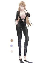 Rule 34 | 1girl, alternate costume, bismarck (kancolle), black pants, blonde hair, blue eyes, breasts, collarbone, color guide, full body, kantai collection, large breasts, long hair, neko (ganecooo), no bra, pants, plunging neckline, simple background, solo, standing, white background