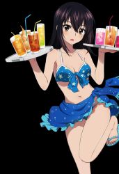 Rule 34 | 10s, 1girl, bikini, black hair, blue bikini, bow, breasts, brown eyes, cleavage, collarbone, feet, hair bow, himeragi yukina, holding, leg up, long hair, looking at viewer, medium breasts, navel, open mouth, sandals, sarong, shiny skin, sideboob, solo, standing, strike the blood, swimsuit, toes, transparent background