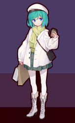 Rule 34 | 1girl, absurdres, aqua hair, arnold-s, bag, beret, blue eyes, blush, boots, closed mouth, coffee cup, commentary, cross-laced footwear, cup, disposable cup, dress, english commentary, fringe trim, full body, green dress, green scarf, hair between eyes, hair ornament, hairclip, hand up, hat, head tilt, high heel boots, high heels, highres, holding, holding bag, holding cup, jacket, lace-up boots, long sleeves, open clothes, open jacket, original, pantyhose, paper bag, plaid, plaid dress, puffy long sleeves, puffy sleeves, scarf, shoulder bag, sleeves past wrists, smile, solo, standing, unmoving pattern, white footwear, white hat, white jacket, white pantyhose